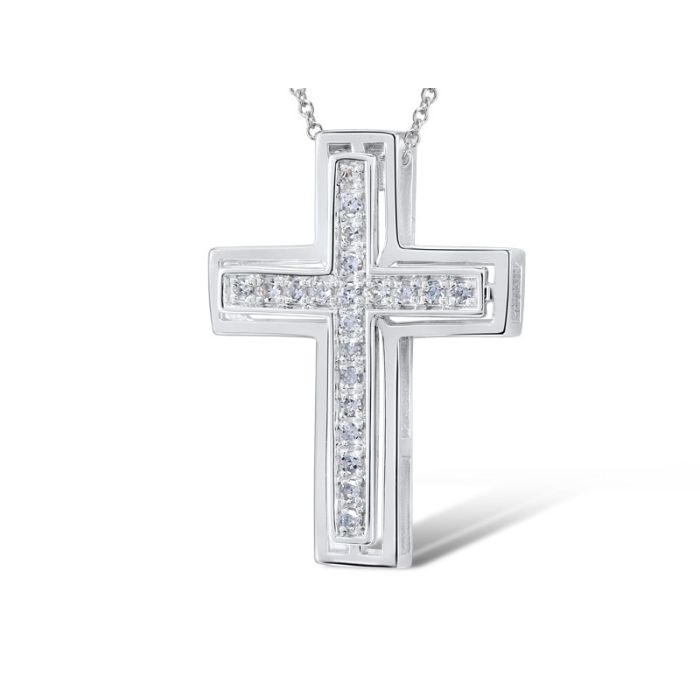 Pandantiv Aur Alb 14k Cruce cu Diamante 0.055ct