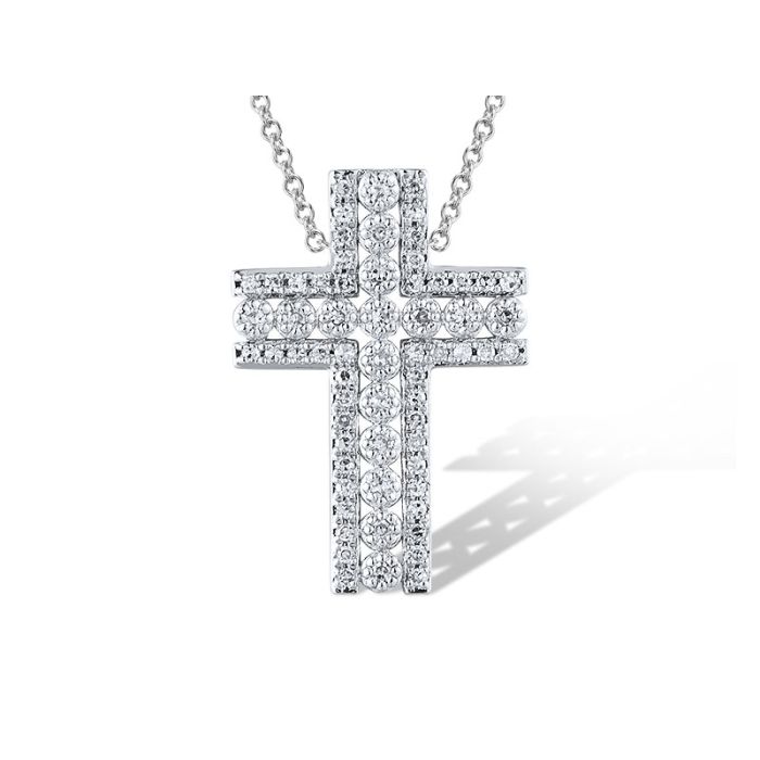 Pandantiv Aur Alb 14k Cruce cu Diamante 0.136ct