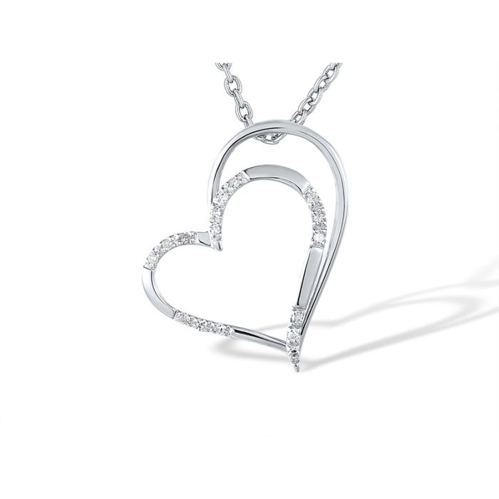 Pandantiv Aur Alb 14k Inima Dubla cu Diamante 0.048ct