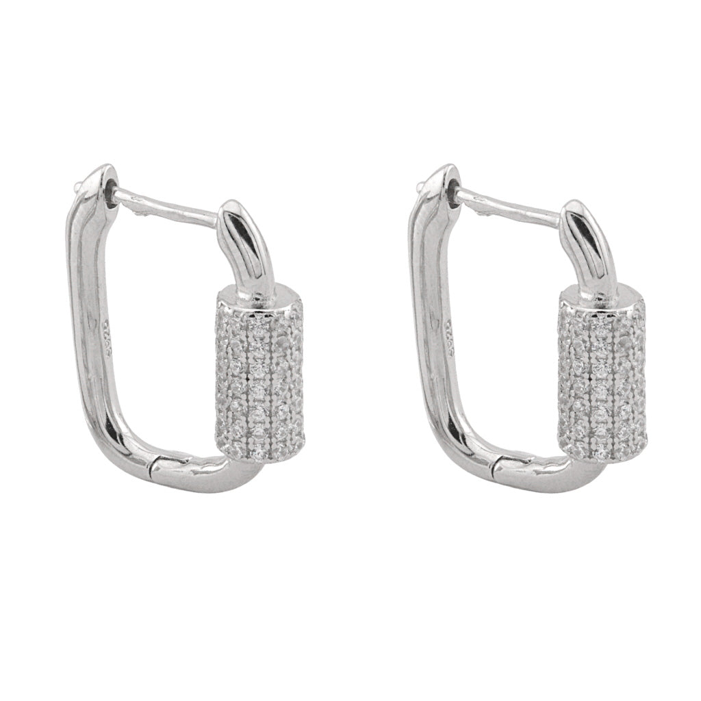 Cercei Argint Huggie Hoops cu Element Cilindric si Pietre Zirconia