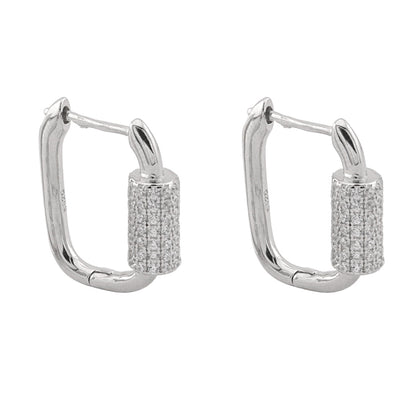 Cercei Argint Huggie Hoops cu Element Cilindric si Pietre Zirconia