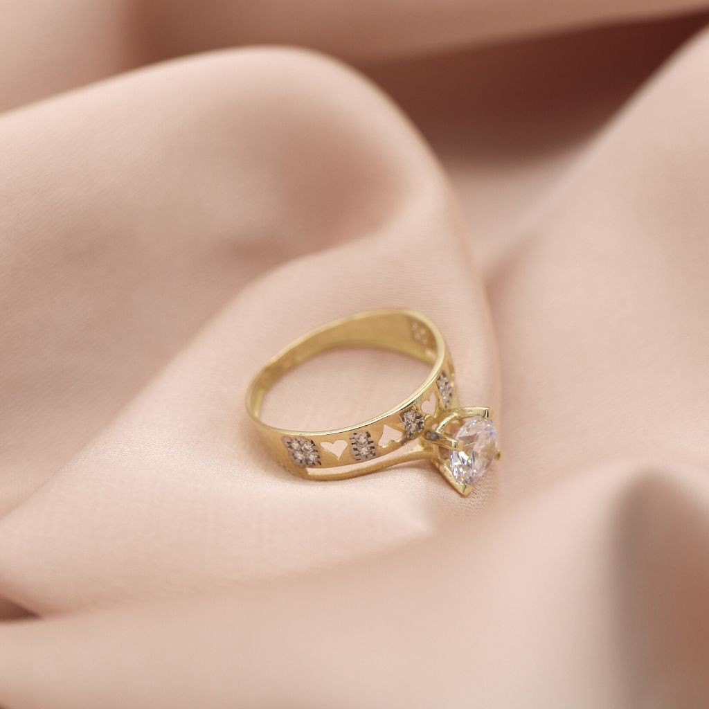 Inel Aur 14k Wedding Band cu Inimi si Piatra Zirconia