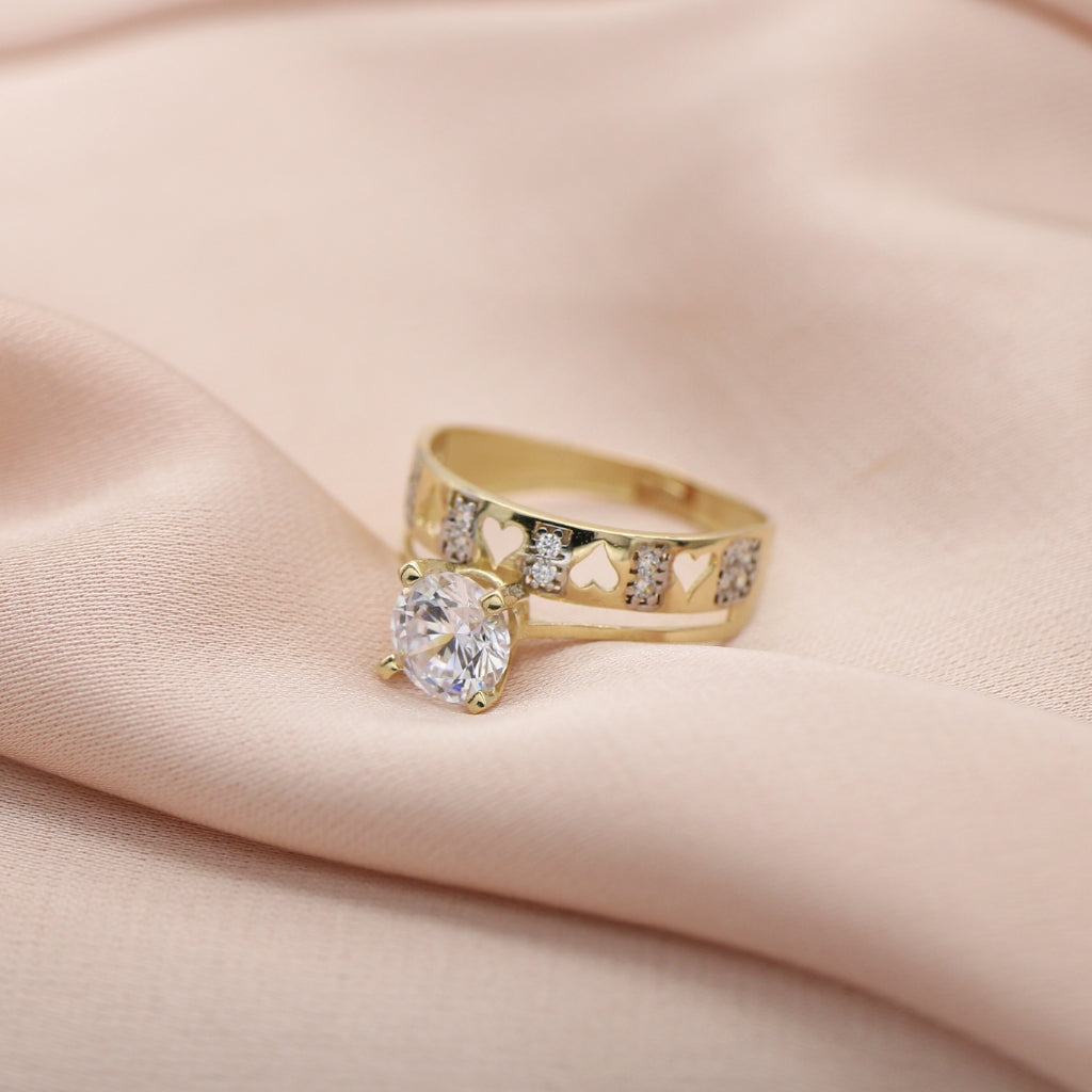Inel Aur 14k Wedding Band cu Inimi si Piatra Zirconia