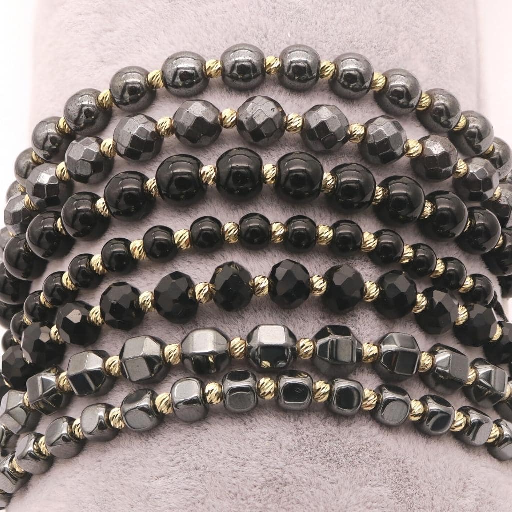 Bratara Snur cu Bile Aur 14k si Onix Negru Fatetat 6mm