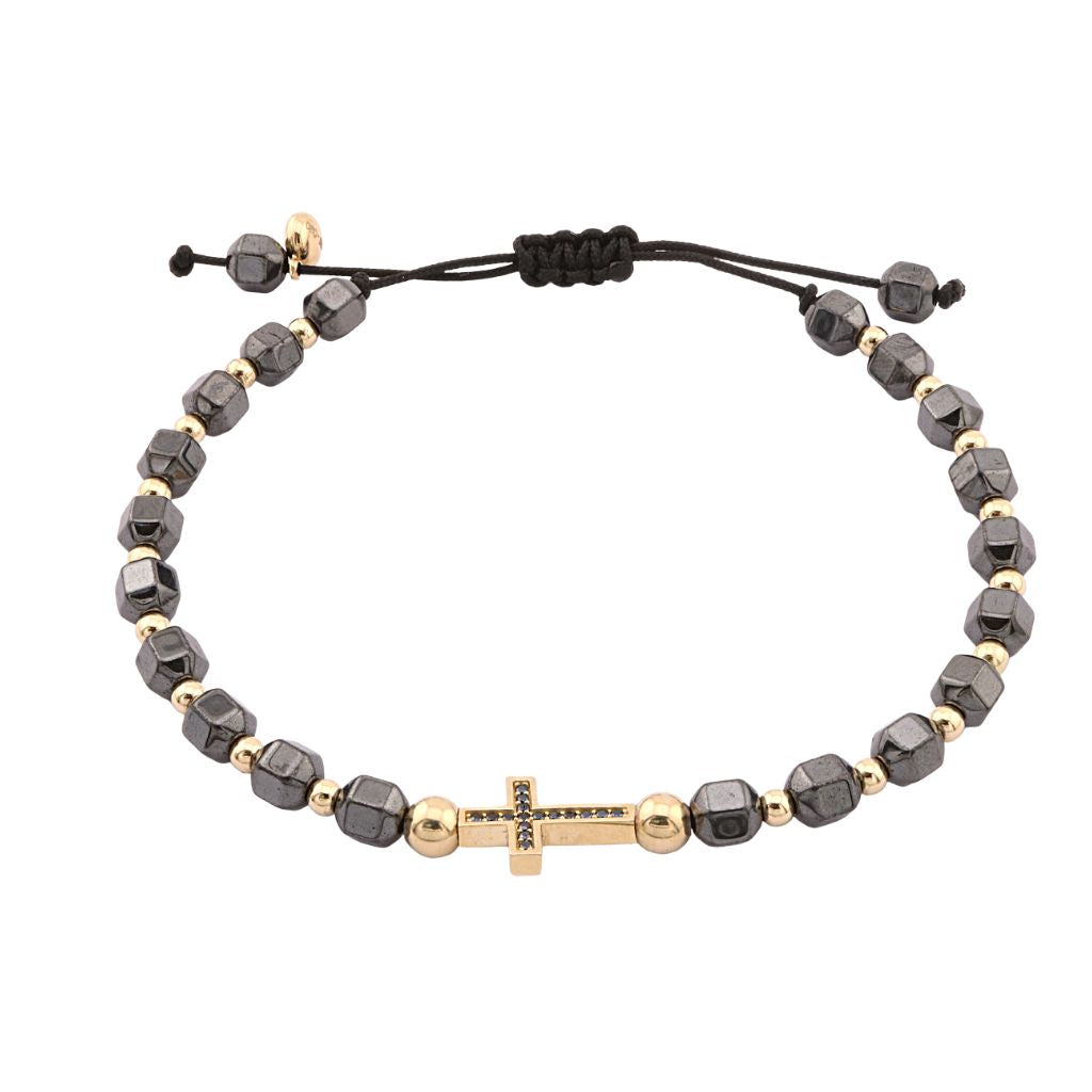 Bratara Snur Aur 14k Cruce cu Hematit Fatetat 6 mm