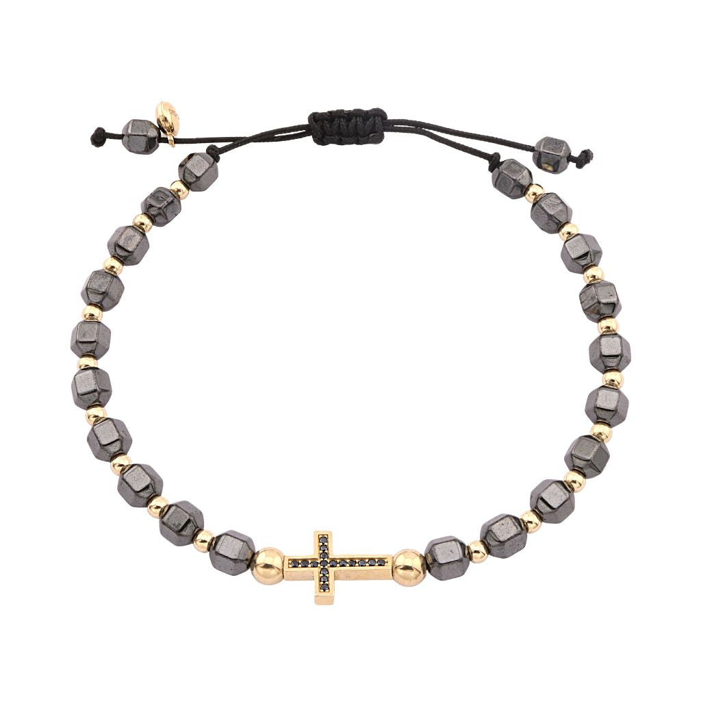 Bratara Snur Aur 14k Cruce cu Hematit Fatetat 6 mm